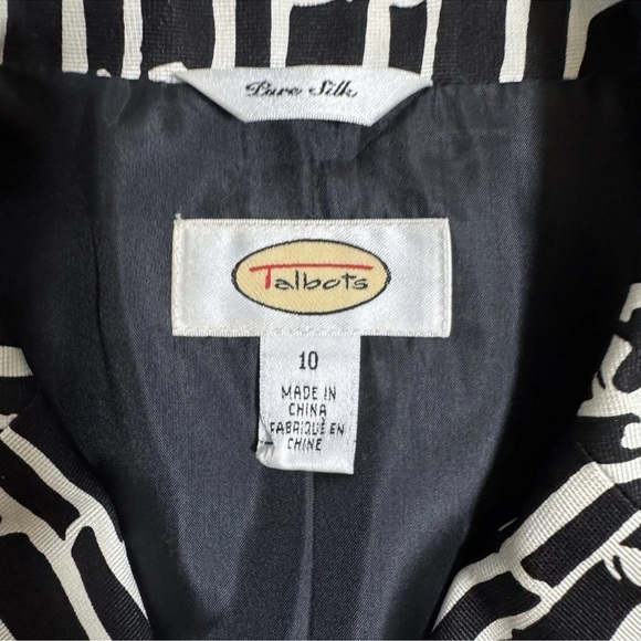 TALBOTS 100% Silk Black White 3/4 Sleeve Women Blazer Jacket SZ 10 Bamboo Print - Picture 4 of 6
